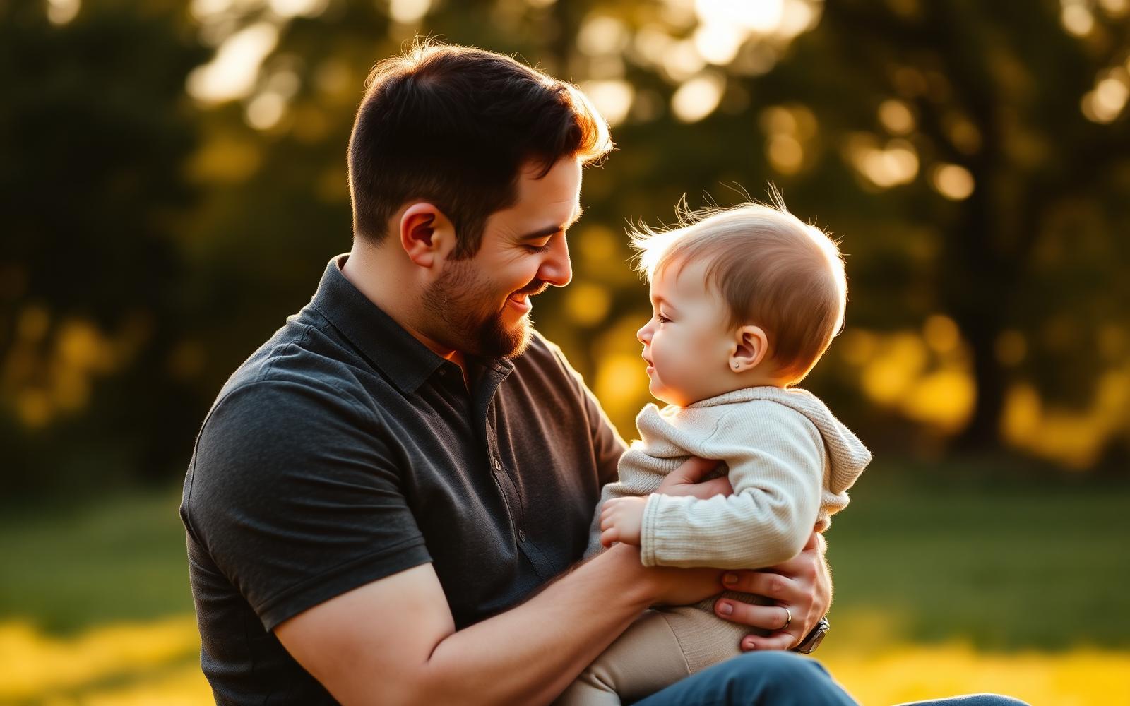 Pai carinhoso com filho pequeno ao pôr do sol